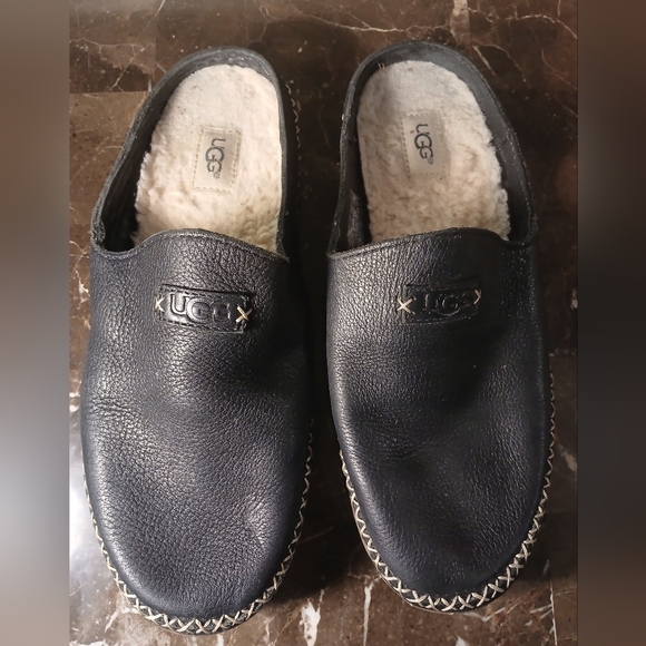 UGG Black Leather Slippers - Picture 1 of 13